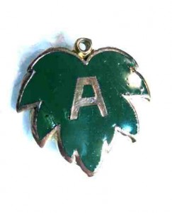 Akapledgepin-243x300 Green and silver enamel leaf-shaped pledge pin with silver letter A on it. Photo from Wikipedia, shared under Creative Commons licence.