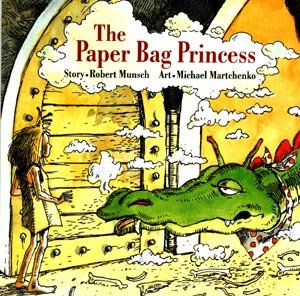 The_Paper_Bag_Princess Cover art for The Paper Bag Princess: a large green dragon leers tiredly at a thin blonde young woman wearing a battered crown and a paper bag for a dress. Image shared under Fair Use guidelines.